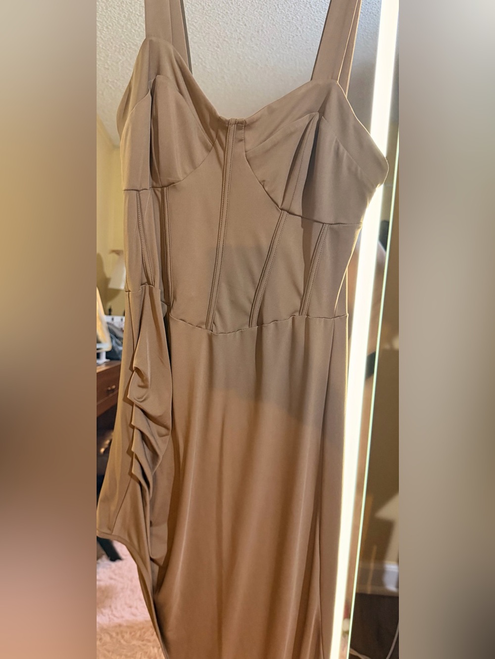 Asymmetrical Taupe Side-Ruffle Dress for Women